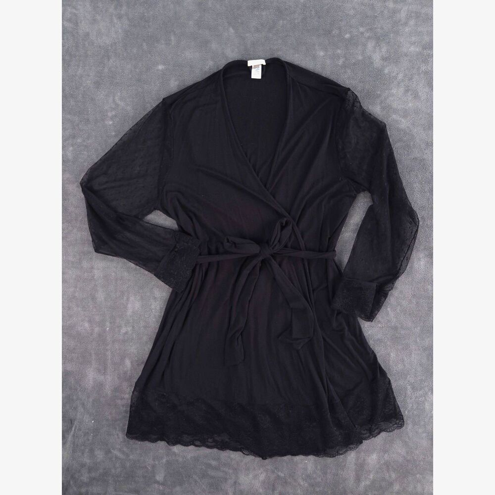 Eberjey Robe Womens Large Black Lace Trim Kimono Short Modal Tie Front Lounge